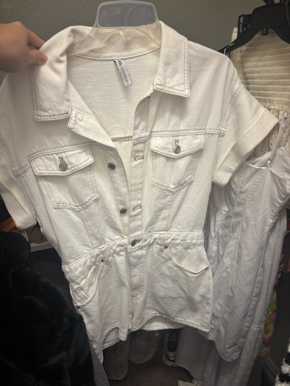 ZARA White Short-Sleeve Denim Romper